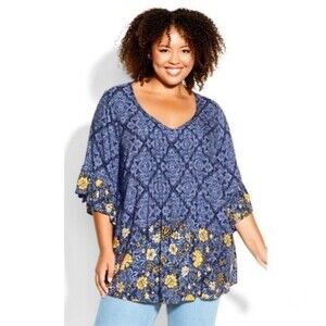 Avenue Abby blue and yellow pintuck flowy top size 14